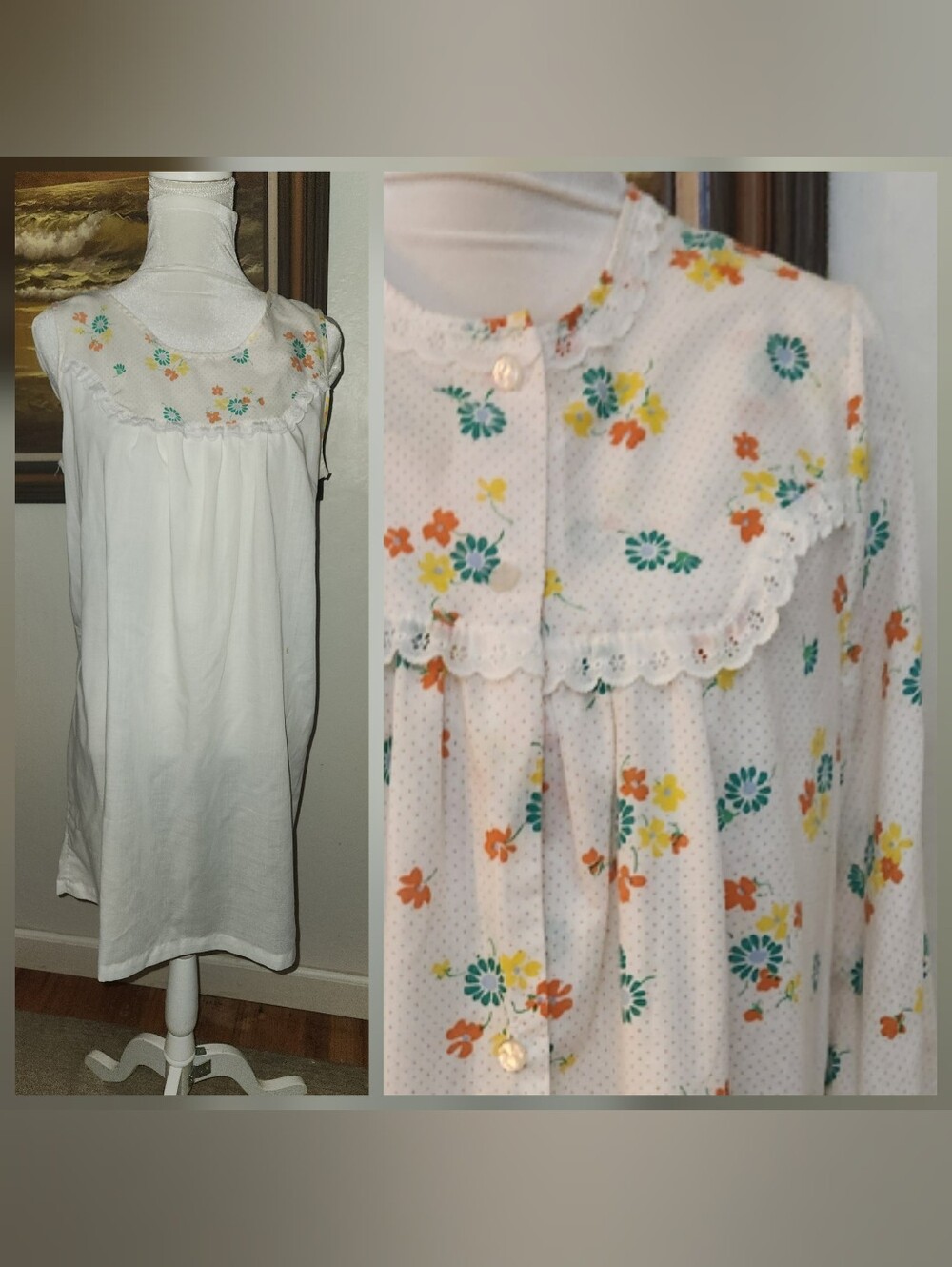 Vintage 1960s Cotton Floral Penoir Slipdress & Robe Cover Up Set by Sears